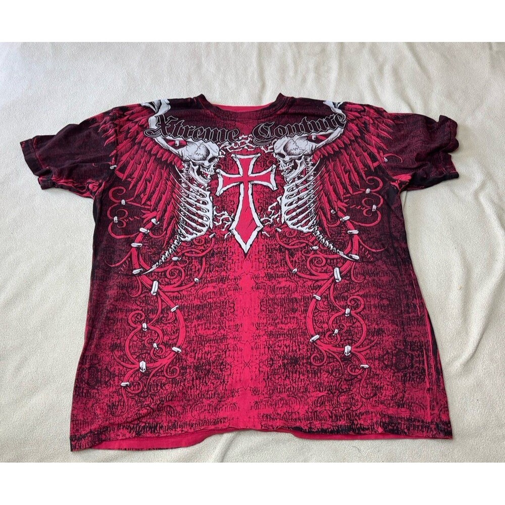 Xtreme Couture Shirt Mens 2XL Red Skeleton Cross Graphic Tee Gothic Biker Grunge